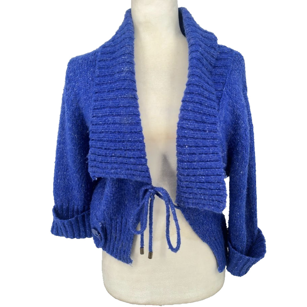 Alberto Makali Womens Cardigan Sweater Y2K Wool Blend Blue Size Small Tie Front